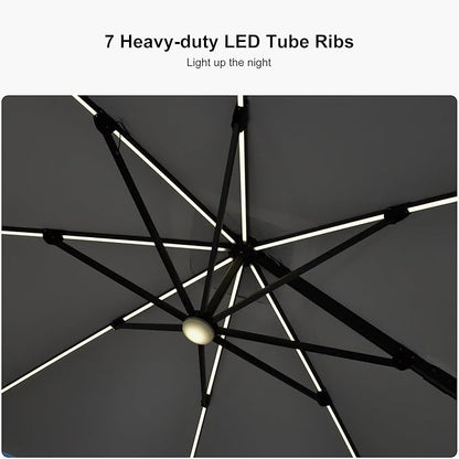 PURPLE LEAF 10 Feet Patio Umbrella Outdoor Cantilever Solar Powered LED Square Umbrella Aluminum Offset Umbrella with 360-degree Rotation for Garden Deck Pool Patio Light Grey