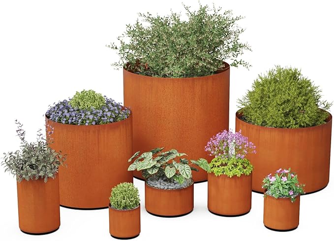 Plantercraft Large Round Planters for Outdoor Plants 36 Inch Tall Corten Steel Planters | Modern Metal Column Planter for Entryway, Patio & Garden Decor
