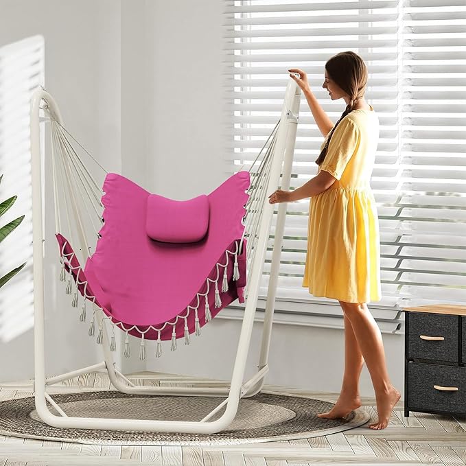 Hammock Chair with Stand,Heavy-Duty Hanging Chair with Stand, for Indoor Outdoor,Sturdy Swing Chair Stand Max Load 350 pounds(Hammock Chair Included) (Pale Pink)