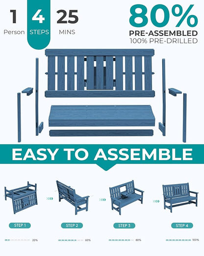 SERWALL Outdoor Bench with Cup Holder, 58" HDPE Garden Park Bench Suitable for 3 Person, All Weather Patio Benches with High Backrest and Wide Armrests for Garden, Park, Yard, Front Porch, Navy