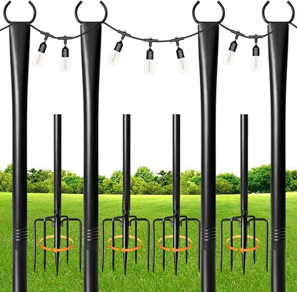 4 Pack String Light Poles for Outdoor,Metal Light Hanging Pole Outside with Fork,Light Stand for Patio, Pergola, Garden, Backyard, Yard, Camping Party (4 Pack)