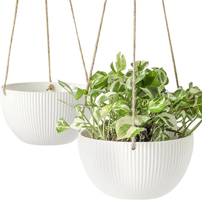 UBEE Ceramic Hanging Planters Indoor Outdoor, 7.5 Inch + 6.5 Inch Hanging Flower Pot for Plants Hanging Basket for Succulent Pothos Herbs Window Home Decor, 2 Pack, White
