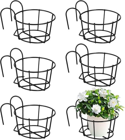 6 PCS Round Hanging Railing Planters, Hanging Flower Stand Iron Baskets, Hanging Planters for Outdoor Plants, Metal Rack Fence Shelf Plant Holder with Hooks for Balconies, Gardens, Indoor Spaces