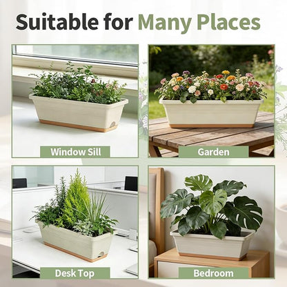 Window Box Planter, 6 Pack Plastic Vegetable Flower Window Planters Boxes 16 Inches Rectangular Flower Pots with Drainage Holes and Saucers (White)