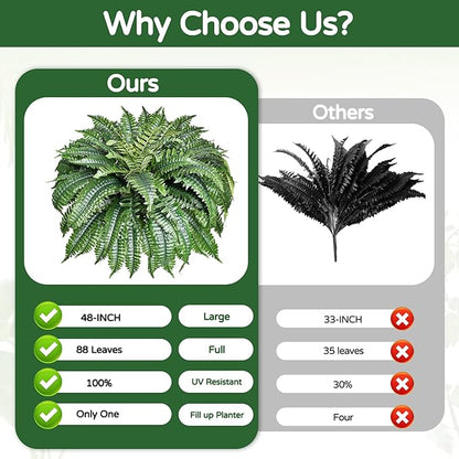 2 Pack Large 88 Leaves Artificial Ferns for Outdoors Look Real, Fake Large Faux Boston Ferns for Outdoor Planter Realistic UV Resistant Artificial Fake Plants for Porch Patio Hanging 47 inch