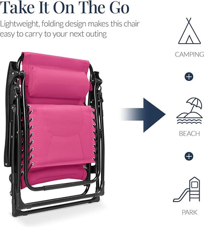 Best Choice Products Oversized Padded Zero Gravity Chair, Folding Outdoor Patio Recliner, XL Anti Gravity Lounger for Backyard w/Headrest, Cup Holder, Side Tray, Polyester Mesh - Hot Pink