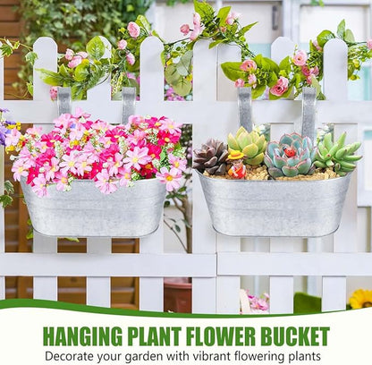 OBTANIM 4 Pack Metal Hanging Flower Pots Iron Railing Planter Outdoor Fence Hanging Pots Bucket Plant Holder with Detachable Hooks Drain Holes for Home Garden Yard Decor (Silvery)