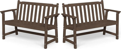 Ciokea 48" Outdoor Bench Set of 2, HDPE Weatherproof Garden Bench, 2-Person Memorial Benches with 550 Lbs, Waterproof Patio Porch Benches for Outside Business Deck Office Backyard Balcony, Brown