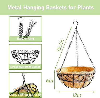 Hanging Planters for Outdoor Plants,2 Pack 12 inch Wire Hanging Baskets with Coco Coir Liner,Hanging Flower Basket for Indoor,Outdoor Garden Decoration