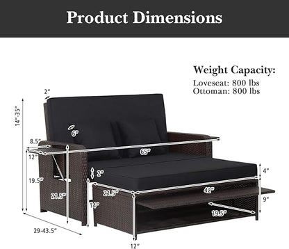 HAPPYGRILL Patio Rattan Wicker Daybed with Loveseat & Storage Ottoman, Outdoor Lounge Sofa Furniture Set with Adjustable Backrest & Side Trays, for Poolside Deck Porch Lawn (Mix Brown & Black)