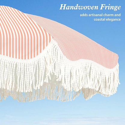 AMMSUN Boho Fringe Umbrella Outdoor Patio, 6.5ft UPF50+ Picnic Umbrella with Tassels with Steel Pole and Push Button Tilt, Pink Stripe