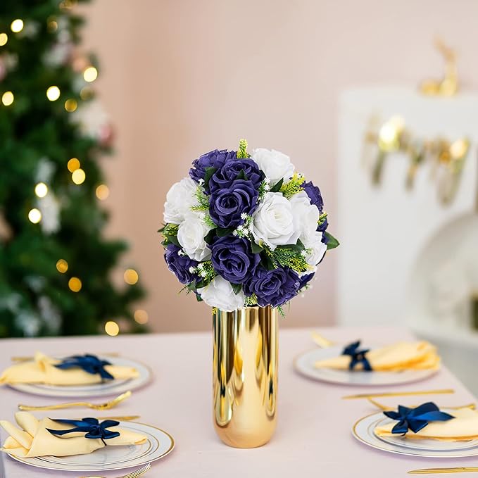 Artificial Flowers Silk Rose Centerpiece Ball, Navy Blue & White