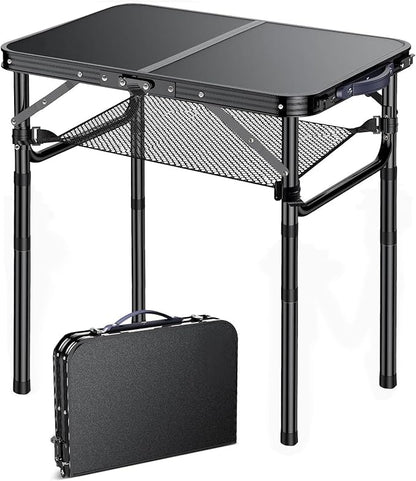 Outdoor Side Table, Portable 3 Adjustable Height Small Outdoor Folding Table, Aluminum Foldable Patio Side Tables for Outside Indoor, Plant Stand Coffee End Table for Pool, Porch,Garden(Black)