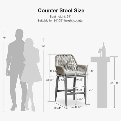 PURPLE LEAF Outdoor 24" Counter Height Bar Stools Chair Set of 2, All Weather Rattan and Aluminum Patio Bar Stool with Cushion for Indoor and Outdoor, Kitchen Island, Light Grey