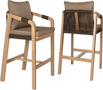 JONATHAN Y BSL1200C-SET2 Porto Modern Coastal Tub Roped Acacia Wood Outdoor Bar Stool with Cushions and Armrests, for Patio, Lawn, Backyard, Deck, Brown/Light Teak (Set of 2)