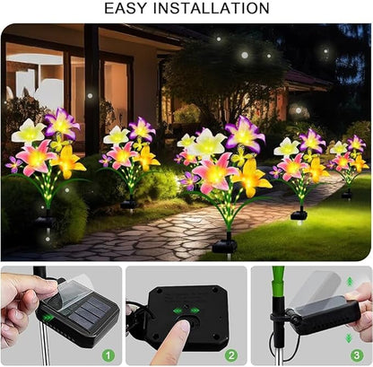 4 Pack Solar Garden Lights LED Solar Lilies Flower Lights, Yard Patio Pathway Decoration High Flexibility Copper Wire Handmade Silk Artificial Flowers Never Wither, Gift for Family, Friends