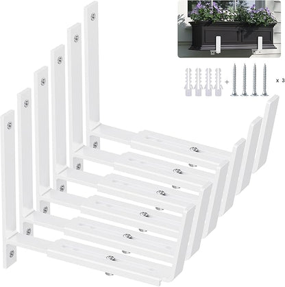 Y&M 6 Pack Adjustable Planter Brackets (6 to 12.5 in), Universal Window Box Brackets, Heavy Duty Iron Flower Box Wall Mounting Hooks for Balcony, Fences, Patio, and Garden - White