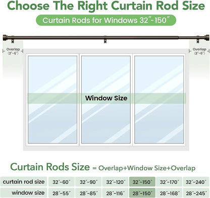 Curtain Rods for Windows 72 to 144, 1 Inch Adjustable Heavy Duty Long Window Drapery Rods with End Caps, Indoor Outdoor Curtain Rod for Patio Bedroom, Size 32" - 150", Antique Bronze