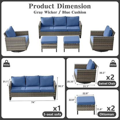 Belord Wicker Patio Furniture 5 Piece Outdoor Sofa Set, Oversize Outdoor Swivel Rocker Chairs with Rattan Ottomans, Conversation Sets Patio Furniture Come with Removable Washable Cushion Blue