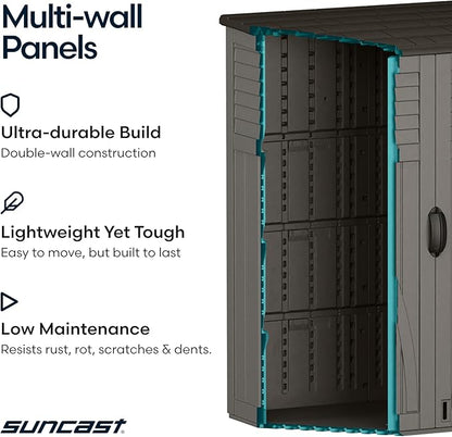 Suncast Outdoor Storage Cabinet Waterproof Resin Vertical Outdoor Storage Shed (54 cu. ft.) for Patio, Garden Tools, Cushions, & Equipment. Weatherproof Plastic Multi-Wall Design, Capacity Made in USA