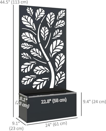 Outsunny Metal Raised Garden Bed with Trellis for Climbing Plants, Freestanding or Wall Mounted Flower Bed with Privacy Panel, Twigs and Leaves Cut-Outs Outdoor Planter Box for Garden, Patio, Balcony