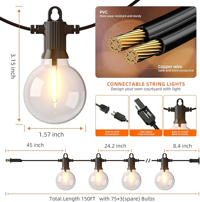 String Lights, 150 FT Outdoor LED Patio Lights with 72 Shatterproof Bulbs