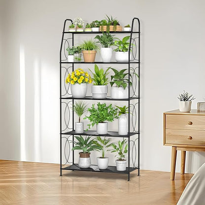 5 Tier Plant Stand Indoor Outdoor, Heavy Duty Plant Shelf, Metal Mesh Tall Plant Stands Holder Rack for Living Room Balcony and Garden, Black