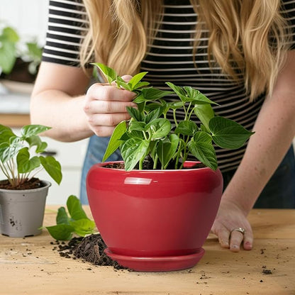 6 Inch Plant Pot - Glaze Modern Ceramic Planter for Indoor Plants, Succulent Pot with Drainage Hole and Saucer, Office Garden Home Decor, Housewarming Gift, Red