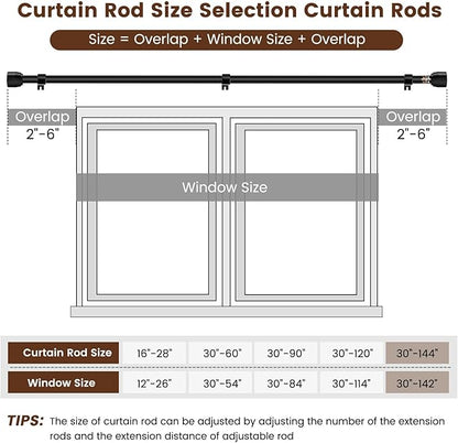 Matte Black Curtain Rod Itself is 30-144 inch 2 Pack, Fit 30 to 142, 66 to 120 inch Windows with 1 Inch Diameter Heavy Duty Adjustable Telescopic Rod, 1 Inch Diameter Splicing Extra Long