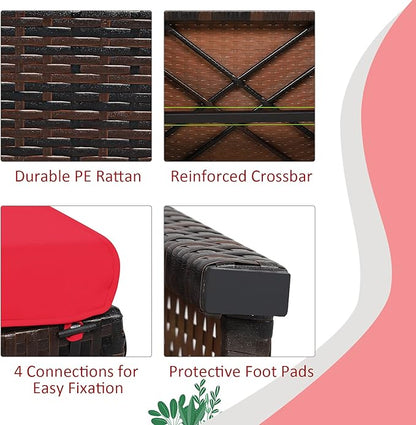 Tangkula 2 Pieces Patio Rattan Ottomans, All Weather Outdoor Footstool Footrest Seat with Soft Cushion, Hidden Zipper, High-Density Sponge, Wicker Ottoman Seat for Patio, Garden, Poolside (Red)