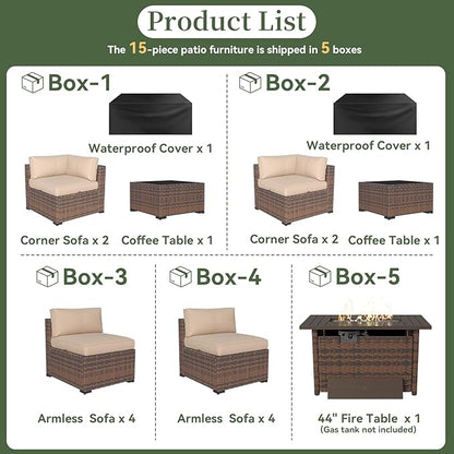 Aoxun 15 Piece Patio Furniture Set with 44” Fire Pit Table Wicker Rattan Outdoor Sectional Sofa Set with Coffee Table and Thickened Cushions, Beige (Waterproof Cover Included)