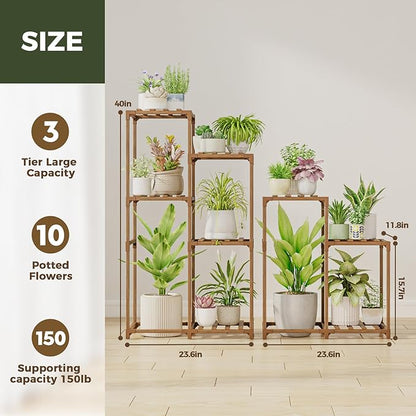 Bamworld Indoor Plant Stands Outdoor Combo Plant Shelves for Multiple Plants 10 Pots Wooden 2 Sets of Package Plant Rack for Living Room Balcony Garden