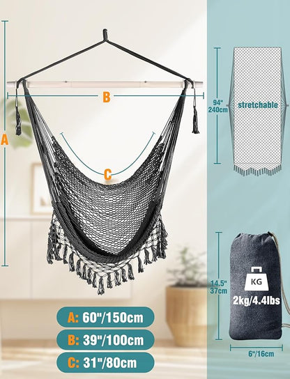 Chihee Hammock Chair Super Large Soft-Spun Cotton Rope Weaving Hanging Chair, Collapsible Strong Metal Spreader Bar Wide Seat Lace Stretch Swing Chairs Indoor Outdoor Garden Yard Theme Decoration