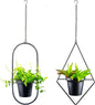 Modern Hanging Planters for Indoor Plants, Metal Plant Hanger with 5 inch Flower Pot, Set of 2 Black Plant Holder in Diamond and Oval Shape, Small Wall and Ceiling Hanging Pot for Outdoor Plants