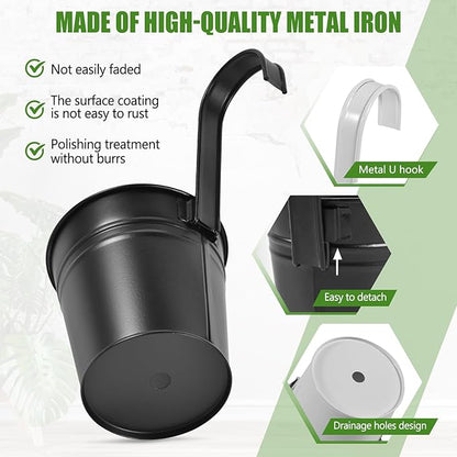 OBTANIM 12 Pack Metal Hanging Flower Pots Railing Planter Outdoor Fence Hanging Bucket Plant Holder with Detachable Hooks Drain Holes for Home Garden Yard Decor (Black and White, 4 x 4 Inch)