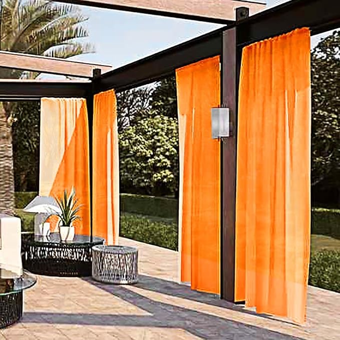 SpaceDresser Waterproof Outdoor Sheer Curtains for Patio - 2 Panels Rod Pocket Indoor Voile Sheer Curtain for Living Room,100W x 84L inch, Orange