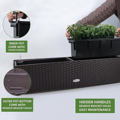 Dexceder 31.5 Inch Rattan Self Watering Planter Indoor Outdoor, Thickened Large Rail Flower Plant Pot Window Box with Water Level Indicators (Brown)