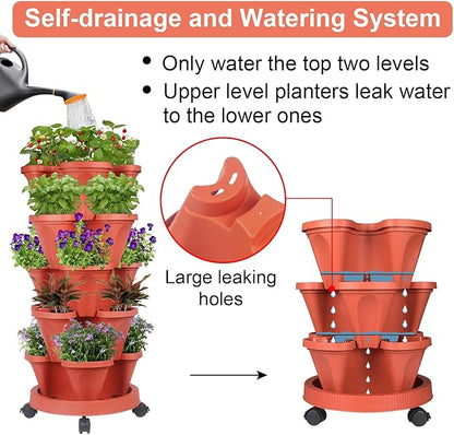 GameXcel Vertical Planter 5 Tier Stackable Planters Garden Planters Strawberry Herb Flower and Vegetable Planter Indoor Outdoor Gardening Pots with Removable Wheels and Tools - Red
