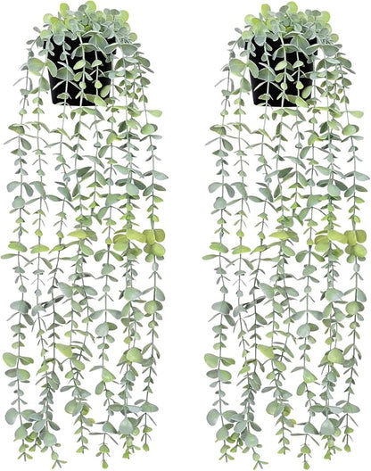Waipfaru 2Pcs Fake Hanging Plants with Pot Light Green Eucalyptus Leaves UV Resistant Fake Vines Ivy Artificial Plants Outdoor Faux Plants Indoor Bedroom Living Room Boho Wall Porch Shelf Decor