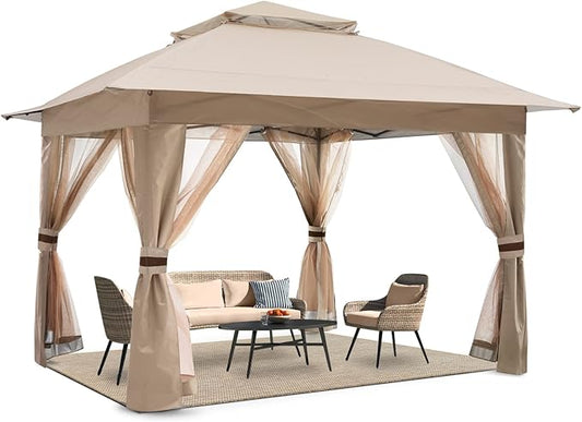 COOSHADE 13x13 Pop Up Gazebo Tent Outdoor Canopy Patio Shelter with Mosquito Netting(Khaki)