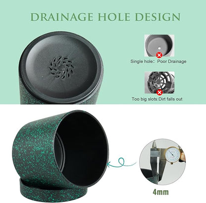 6/5/4 inch Plant Pots, 3 Pack Cylinder Flower Pots for Small Indoor Outdoor Plants, Plastic Planters with Drainage Holes and Saucers for Garden Succulent Plants, Black with Green Speckles