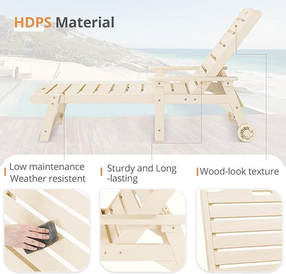 LUE BONA Chaise Lounge Chair with Table, 6-Piece, HDPS Chaise Lounger, 5 Positions Adjustable Lounge Chairs, Pool Lounge Chair with Wheels for Poolside, Backyard, Sand