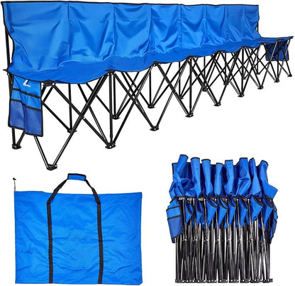 VEVOR Portable Folding Bench, 8 Seat Foldable Soccer Bench with Side Pockets and Carrying Bag, Lightweight Sideline Seating with Back Rest for Football, Baseball, Camping, Outdoor Events, Blue