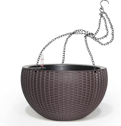 Dexceder 10.5 Inch Large Self Watering Hanging Planters Indoor Outdoor, Thickened Hanging Basket Flower Plant Pot with Water Level Indicator (Brown)