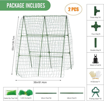 2PCS Cucumber Trellis for Climbing Plants Outdoor, Garden Trellis for Raised Bed Garden,Vegetable Grow Supports with Climbing Net for Tomato Bean Squash, Grape Zucchini (2PCS)