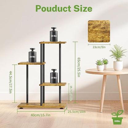 iDavosic.ly 3 Tier Plant Stand Indoor, Tiered Corner Metal Wood Multiple Flower Holder Shelf, 25 Inch Tall Orchid Display Rack for Patio Porch Living Room Balcony Outdoor, Modern Black & Rustic Brown