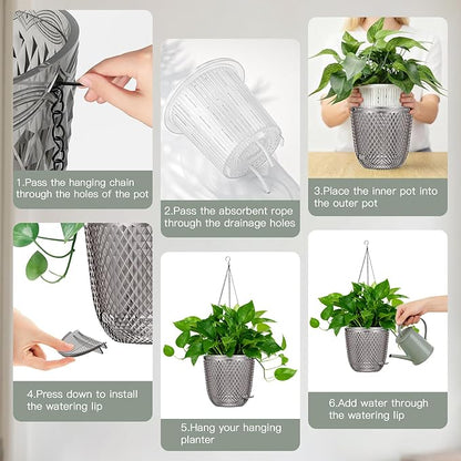 QCQHDU Self Watering Hanging Pots, 2 Pack 5.7 Inch Hanging Planters for Plants Indoor, Outdoor Flower Pots with Drainage Holes and 3 Hooks Chains for Garden Home (Gray)