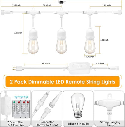 Mlambert 3 Color Outdoor LED Dimmable String Lights with Remotes, Plug in 96FT(2x48FT) Waterproof Shatterproof LED Lights for Patio Pergola-White Cord