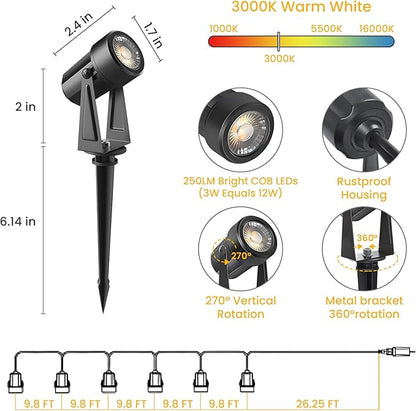 Svater Low Voltage Landscape Lighting Outdoor, 3W 250 LM Plug-in Outdoor Spotlights with Transformer for House Yard Pathway, 3000K Warm White Spot Lights IP65 Waterproof - 6 Pack