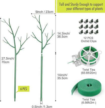 6 Pack Plant Support Stakes for Indoor Plants, 27.56 Inch Twig Plant Sticks with Orchid Clips Twist Ties and Plant Ties for House Potted Plants and Flower, Plastic Branches Support Structures, Green